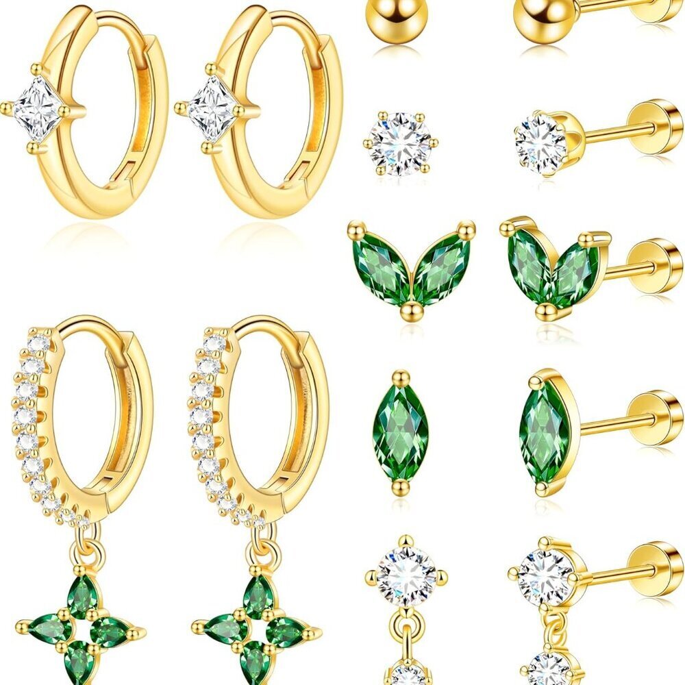 Gold Flat Back Stud Earrings Set for Women Men with Hypoallergenic Zirconia